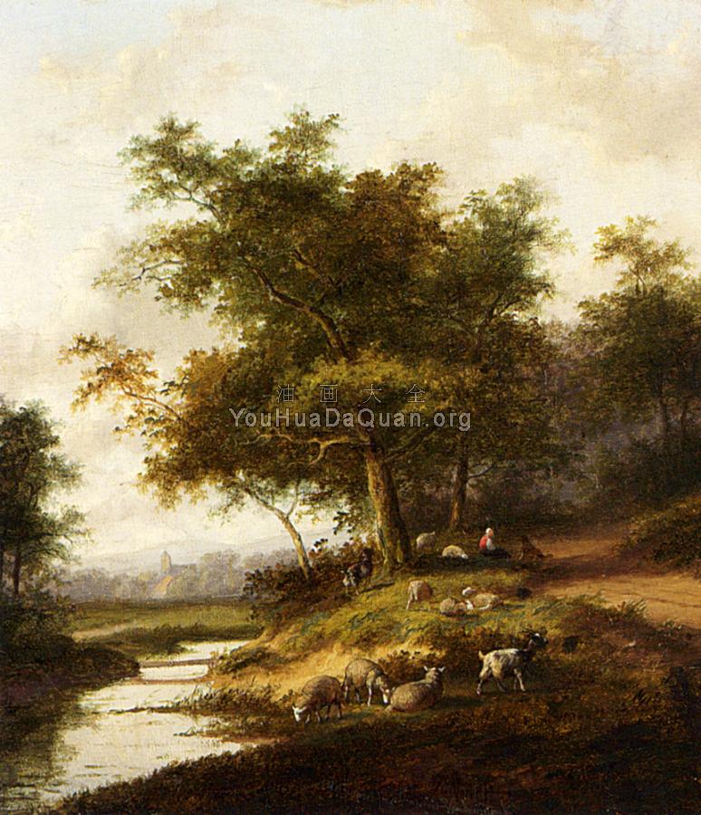 Morel Jan Evert A Shepherdess And Her Flock At Rest - 保尔·摩利斯